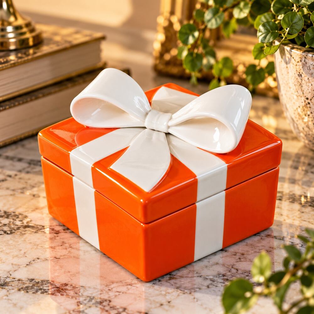 RARE Mancioli Italy Ceramic Gift Trinket Box Lidded 5" Orange White Bow Vintage